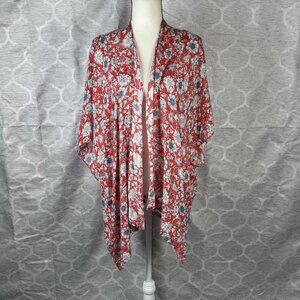Boho Red Floral Kimono Cardigan – Lightweight Drape Open Front